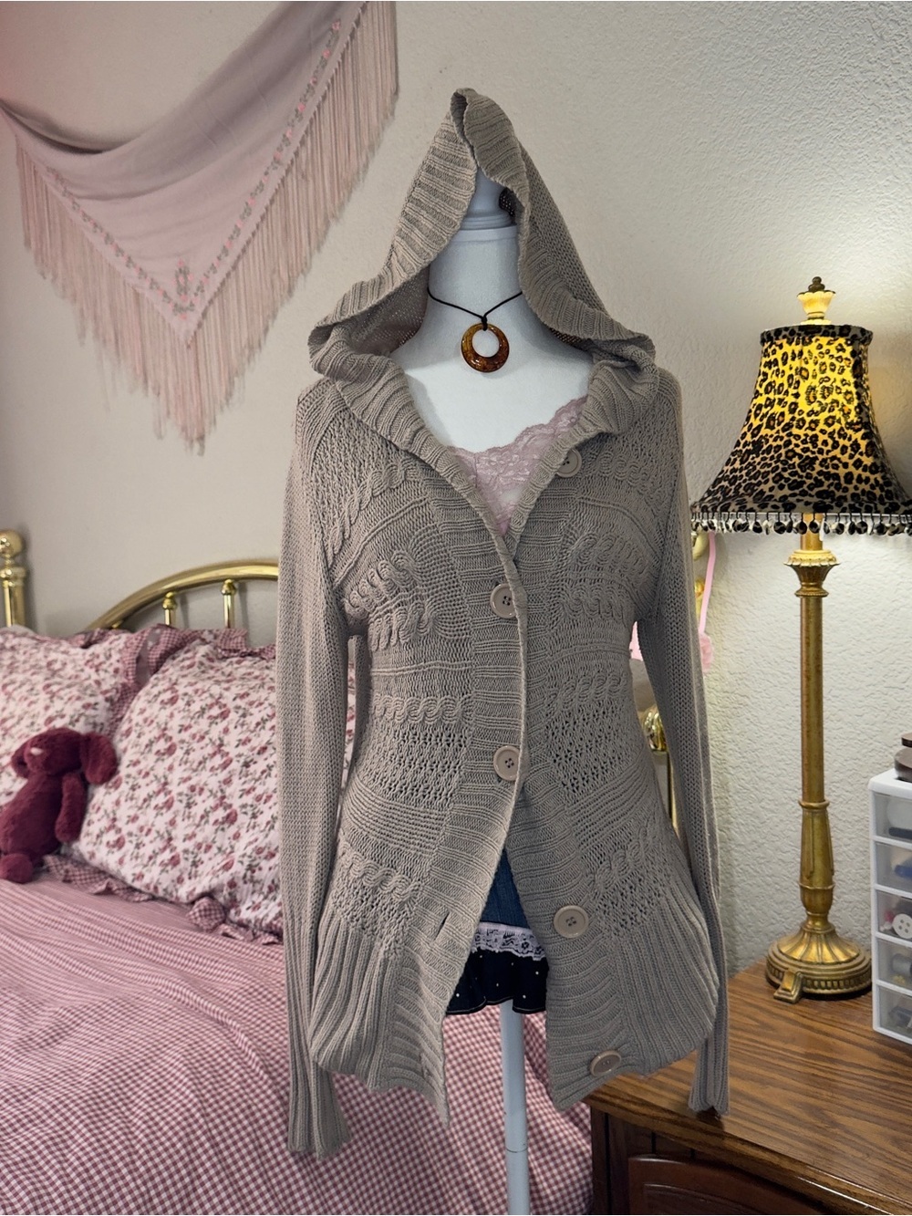 Y2K Women's Hooded Button-Front Knit Cardigan Sweater - Taupe - Picture 7 of 9